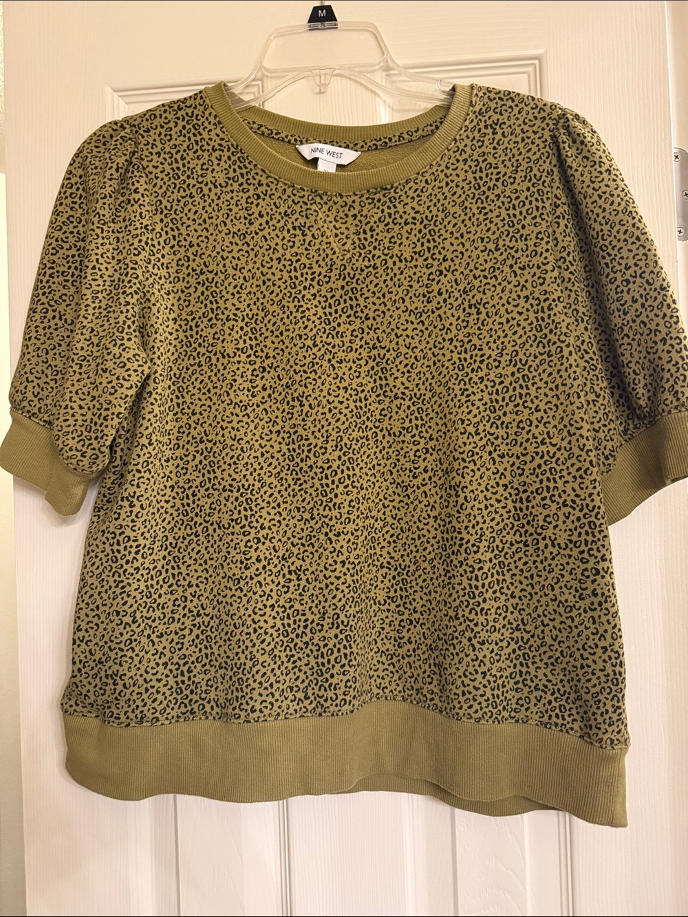 Nine West Olive Green Leopard-Print Short Sleeve Sweatshirt